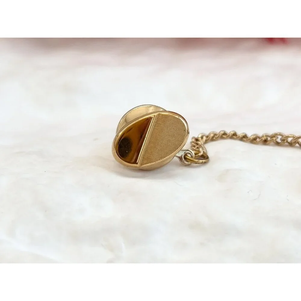 Oval Shaped Matte & Polished Gold Toned Vintage Men's Tie Tack